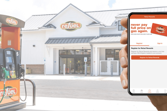 Photo montage of Refuel App with gas station in the background